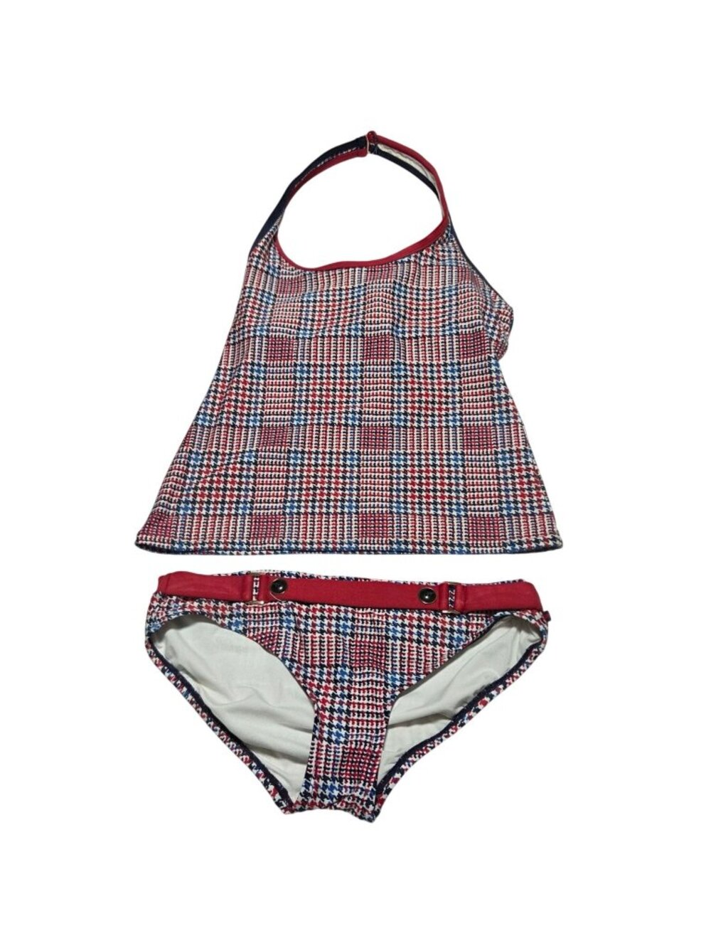 Tommy Hilfiger Tankini Swim Set Size Small Red White Blue Plaid Print 2 Piece